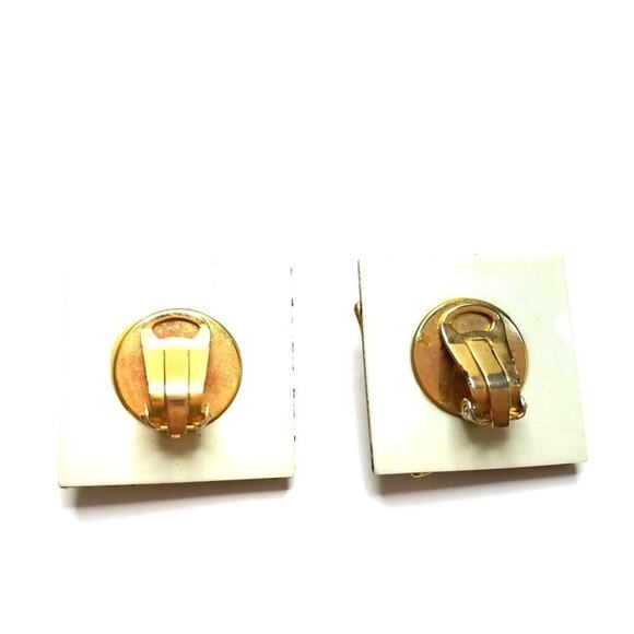 Vintage Clear Rivoli Rhinestone Layered Ceramic Clip Earrings, 1 1/8 Inches - Picture 3 of 7